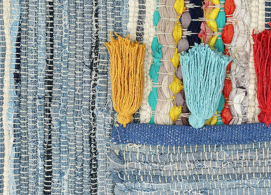 THE HOME TALK Cotton Chindi Rug | Denim Weived | Carpets for Bathroom, Entrance Door, Kitchen, Entry Gate, Living Room | Recycled Thread Weave Rug | Anti-Skid | 2 x 5 Feet | Denim Blue